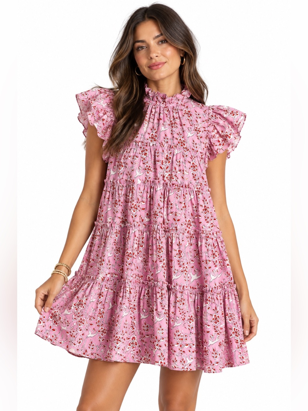 RHODE Tiffany Floral Ruffle Tiered Mini Dress in Pink Eden